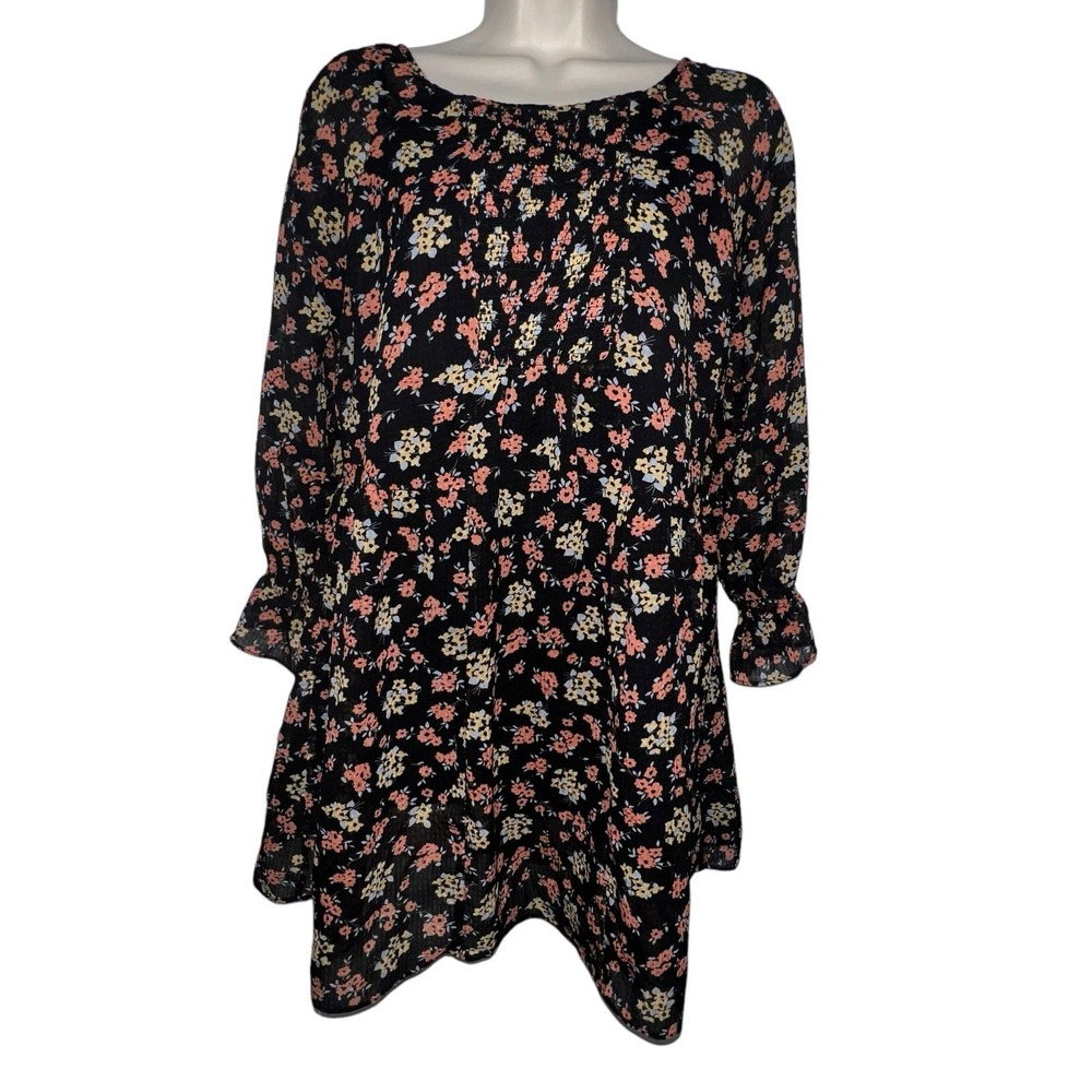 Free People Black Floral Print Peasant Style Mini Dress Tunic Blouse Size 2